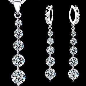 925 Sterling Silver Cubic Zirconia 18” Necklace & 2 inch Earrings & Pendant NEW
